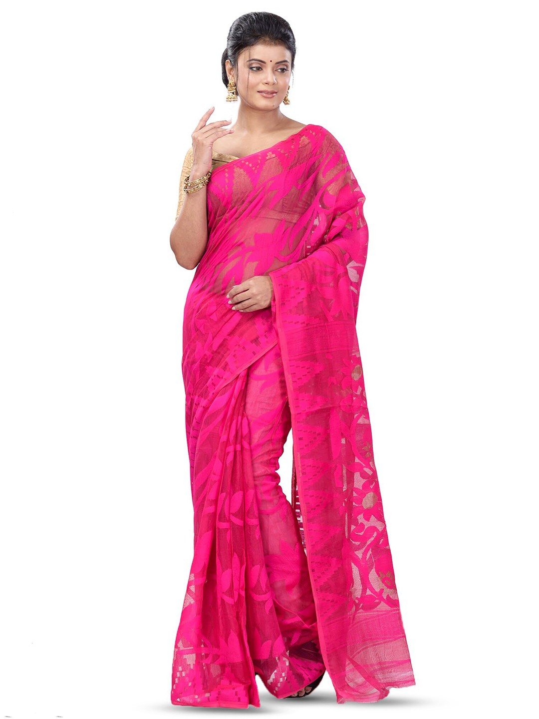 

Ruuprekha Floral Woven Design Pure Cotton Jamdani Saree, Pink
