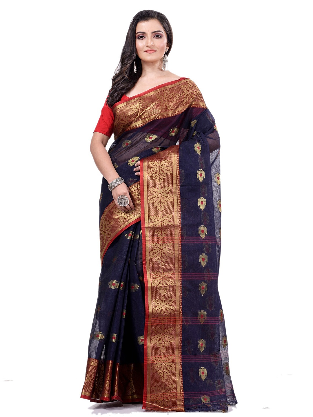 

Ruuprekha Ethnic Motifs Woven Design Zari Pure Cotton Taant Saree, Navy blue