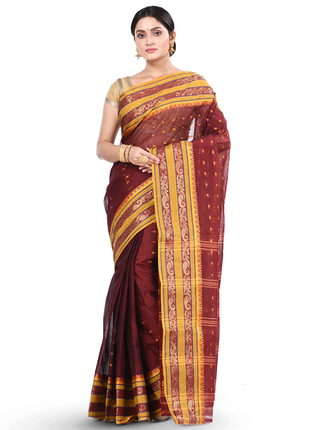 

Ruuprekha Woven Design Zari Pure Cotton Taant Saree, Maroon