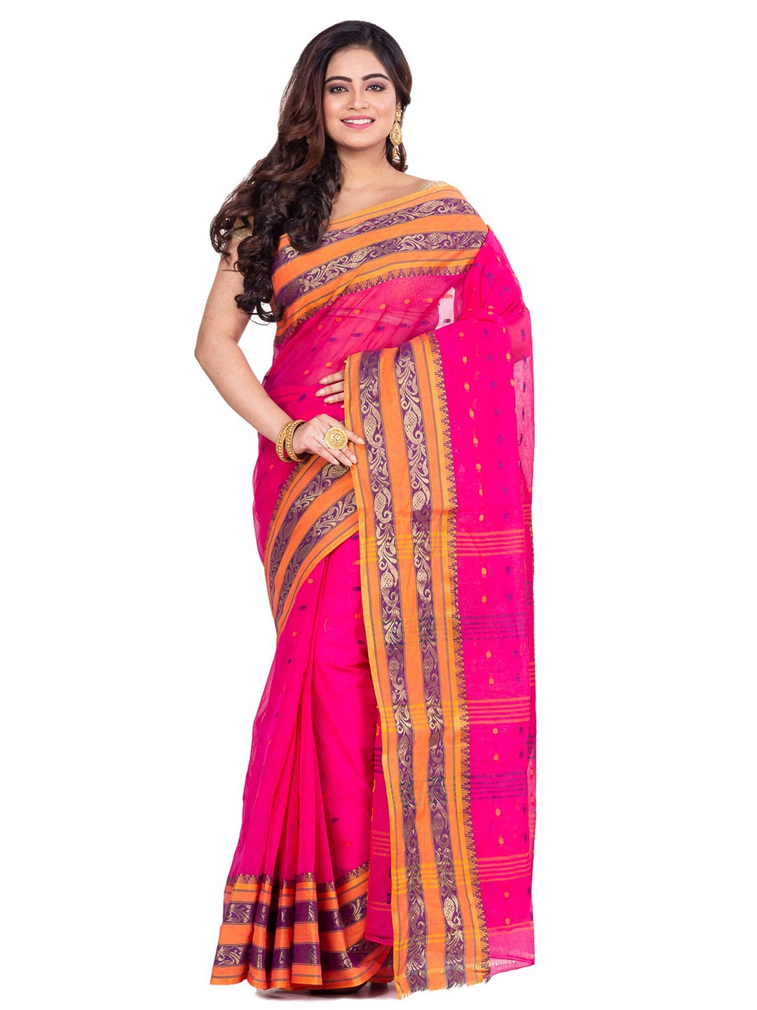 

Ruuprekha Ethnic Motifs Woven Design Zari Pure Cotton Taant Saree, Pink