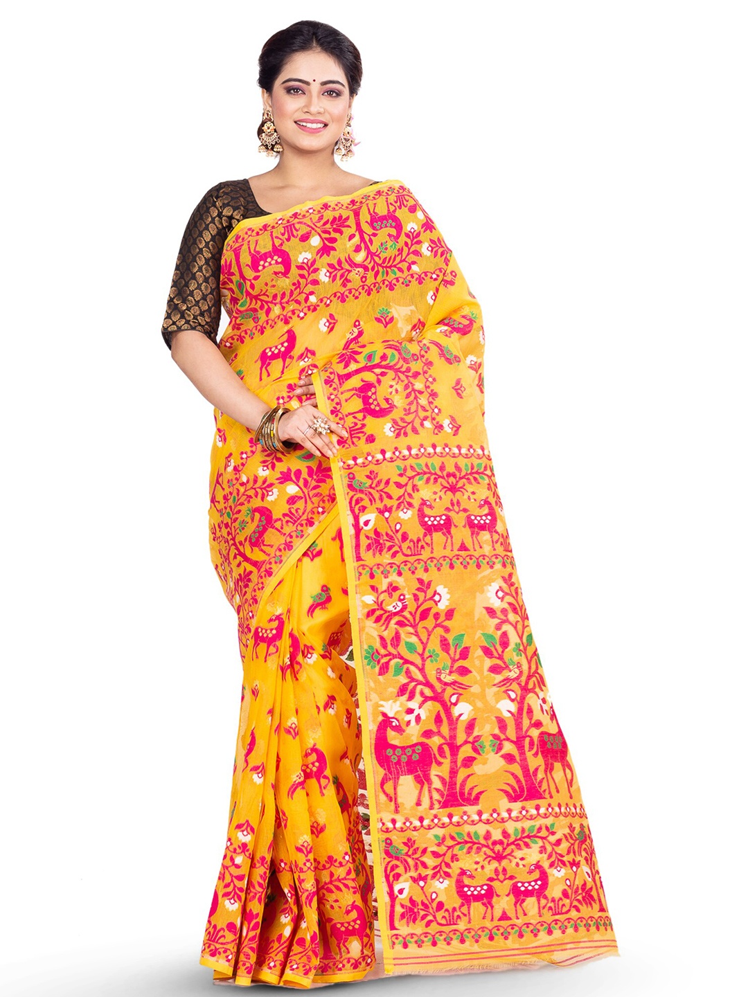 

Ruuprekha Ethnic Motifs Woven Design Pure Cotton Jamdani Saree, Yellow