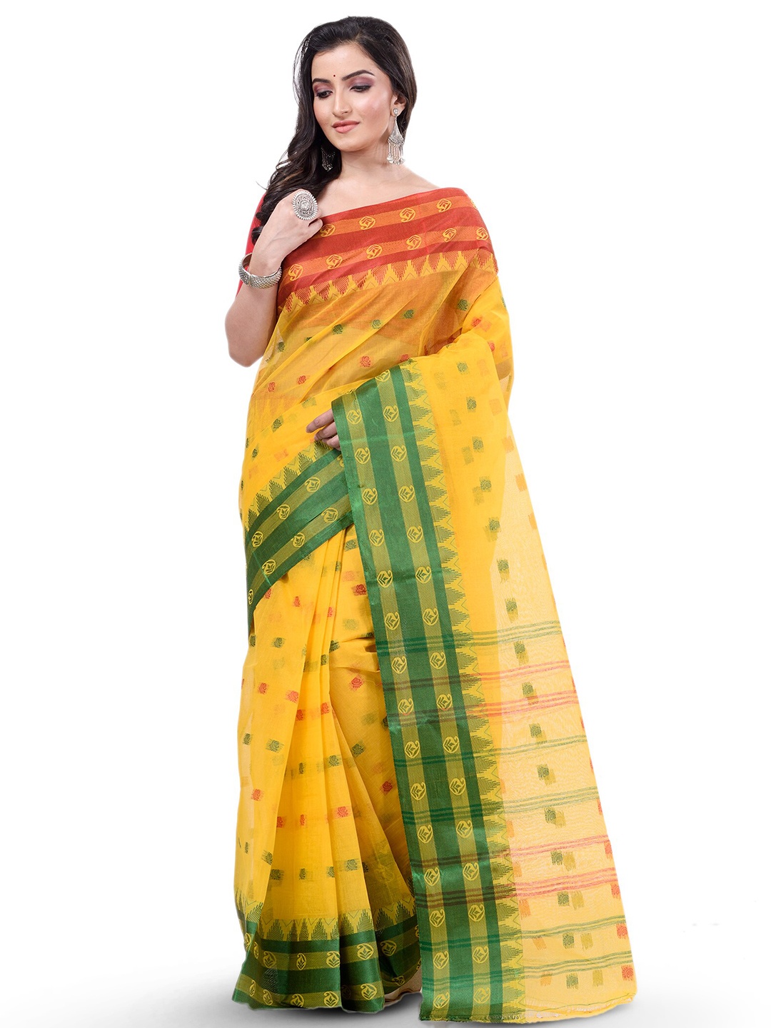 

Ruuprekha Woven Design Pure Cotton Taant Saree, Yellow