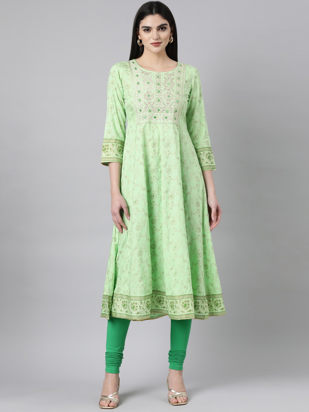 

Souchii Ethnic Motifs Foil Printed Mirror Work Anarkali Kurta, Green