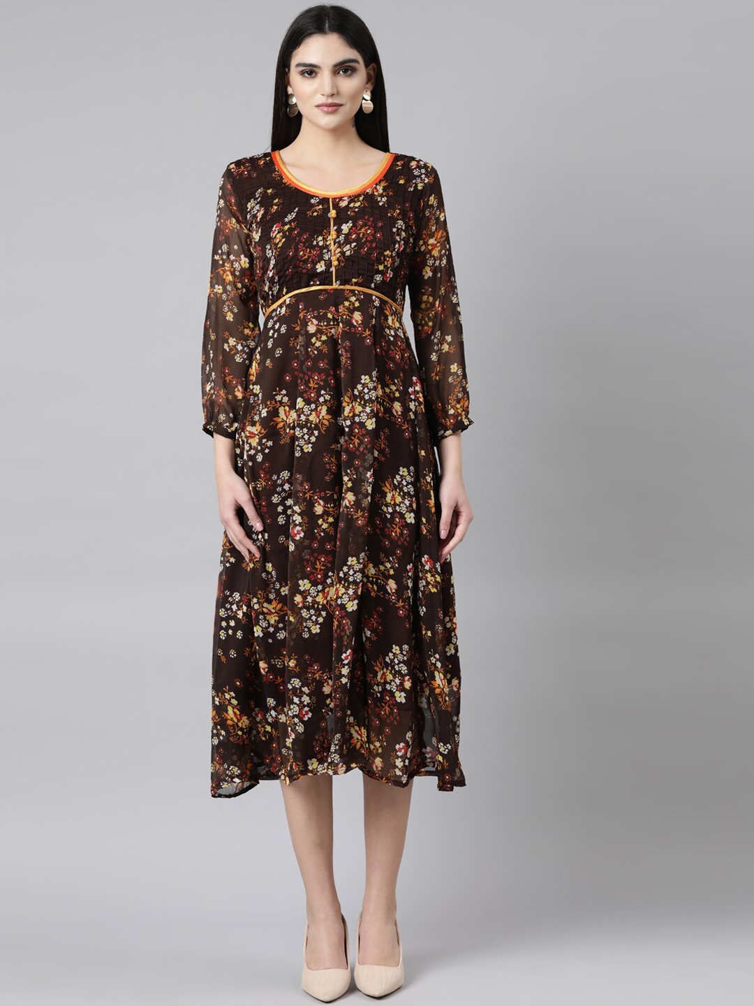 

Souchii Floral Printed Pleated Fit & Flare Midi Dress, Brown