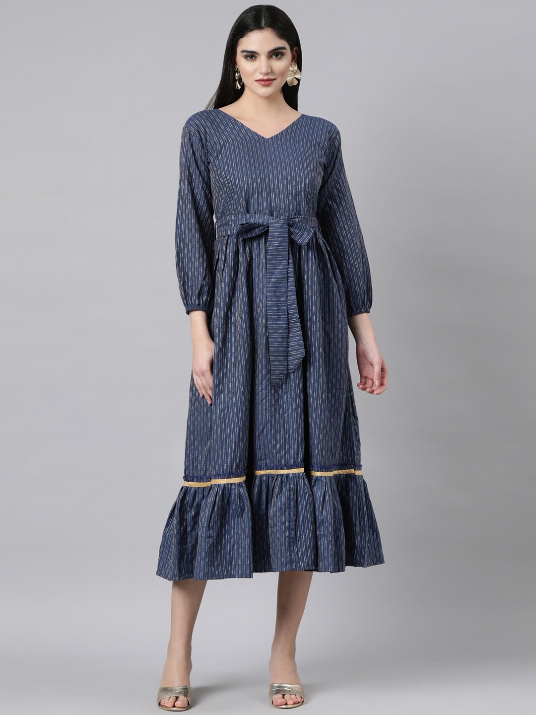 

Souchii Striped V-Neck Puff Sleeves Gathered Detailed Fit & Flare Midi Dress With Belt, Navy blue