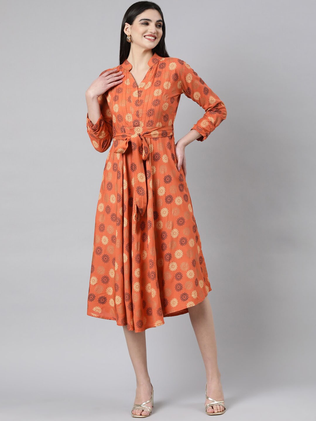 

Souchii Floral Print Mandarin Collar Tie-Up Neck Fit & Flare Midi Dress With Belt, Orange