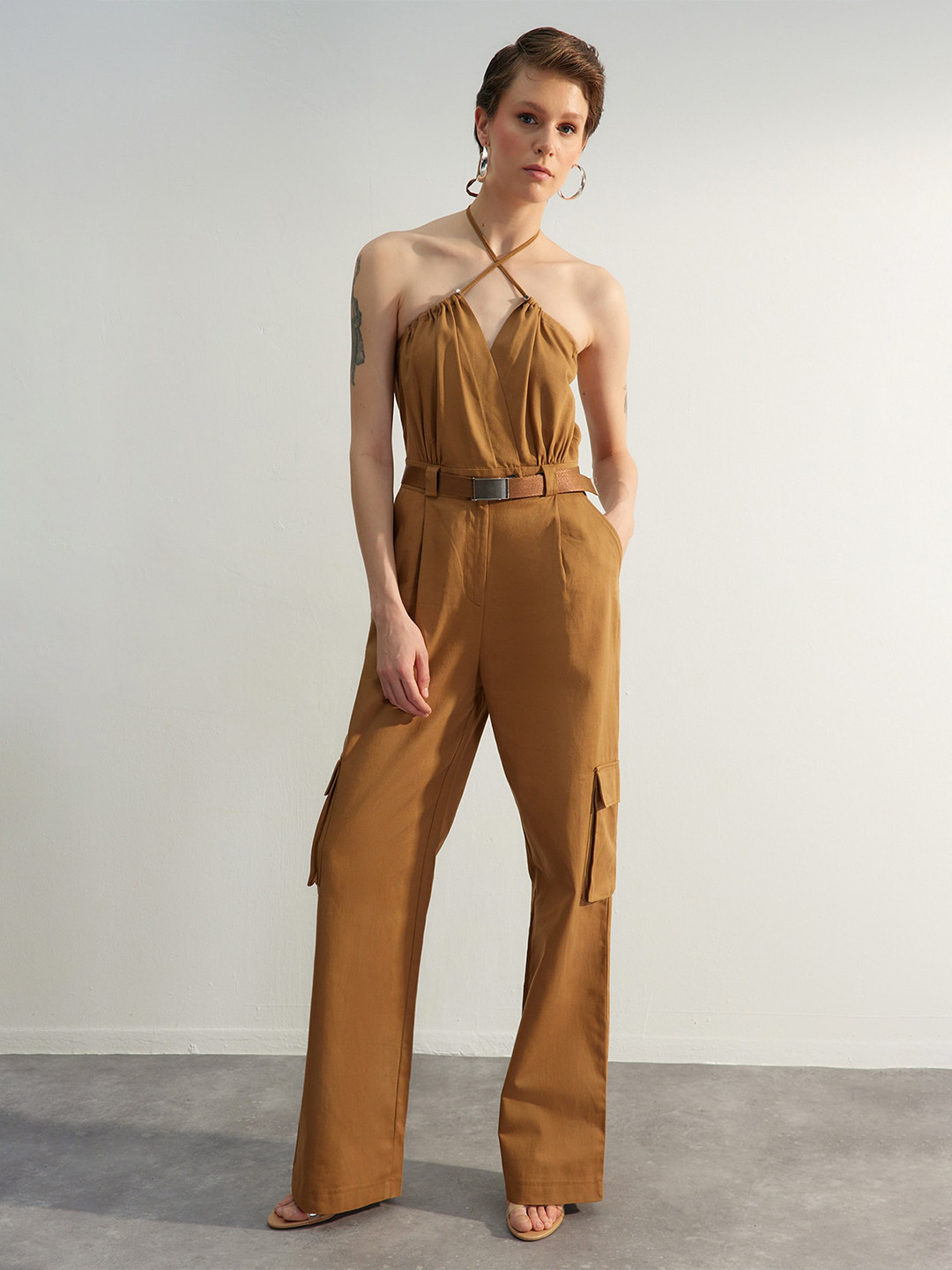 

Trendyol Halter Neck Sleeveless Cotton Basic Jumpsuit, Camel brown