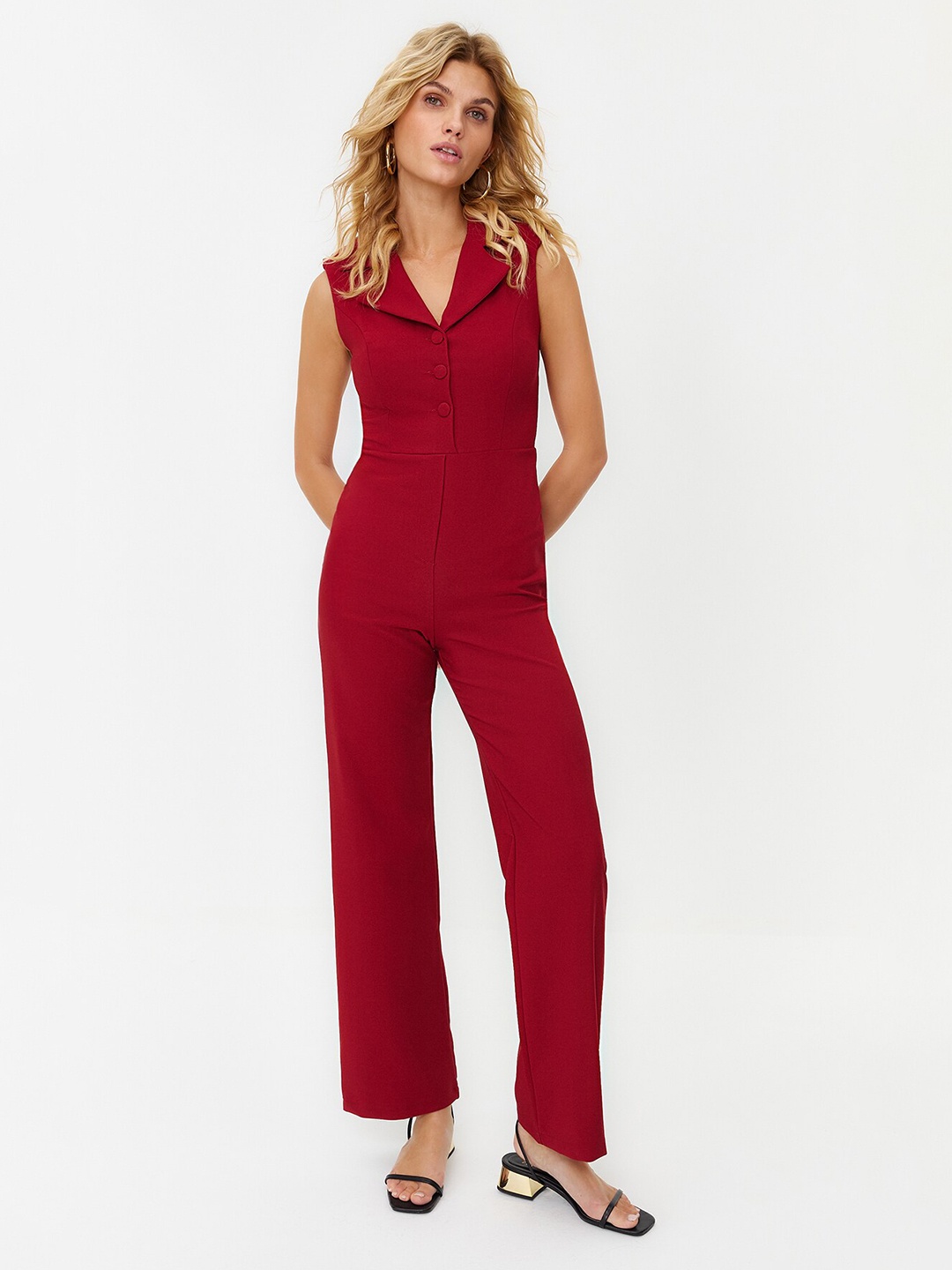 

Trendyol Shirt Collar Sleeveless Basic Jumpsuit, Burgundy