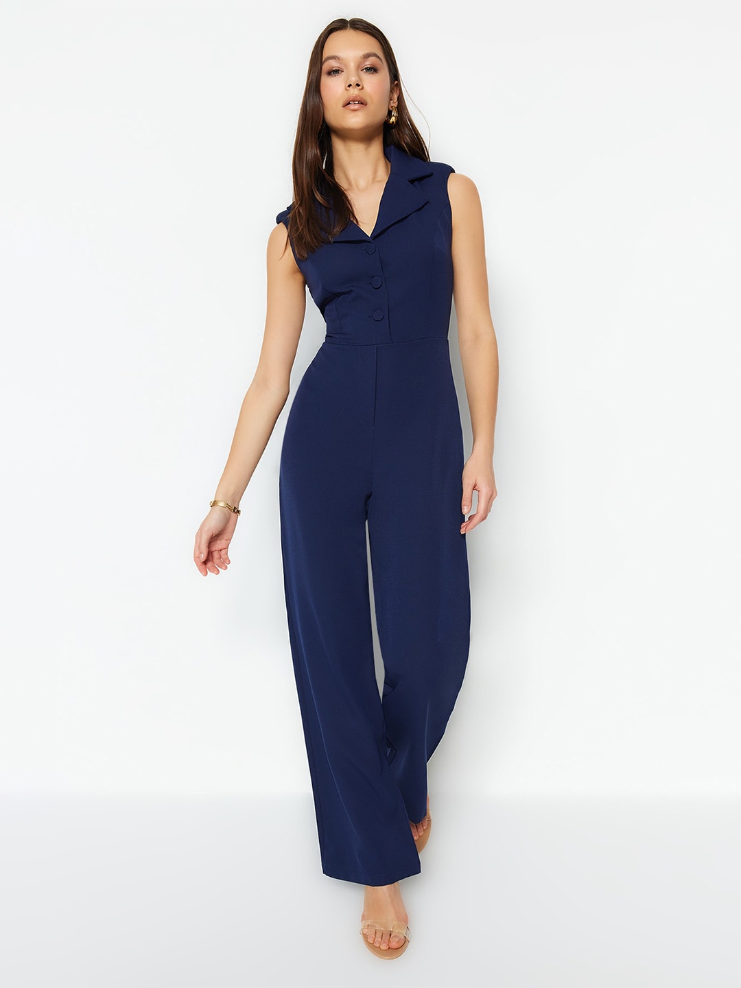 

Trendyol Shirt Collar Sleeveless Basic Jumpsuit, Navy blue