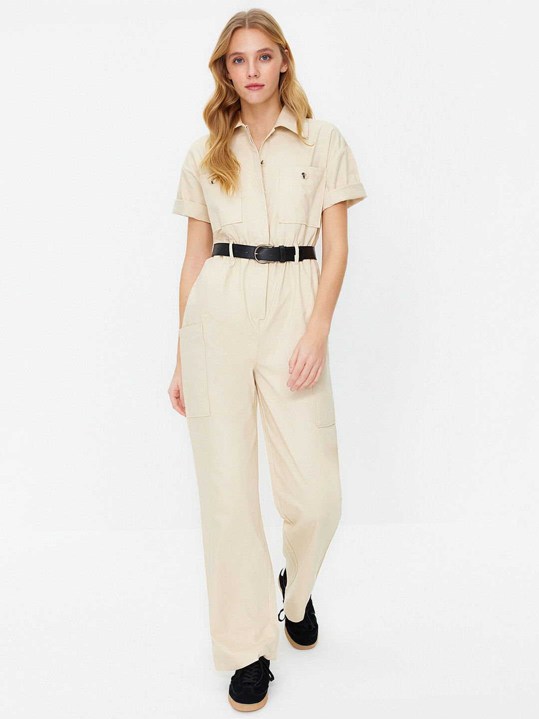 

Trendyol Shirt Collar Short Sleeves Cotton Basic Jumpsuit, Off white