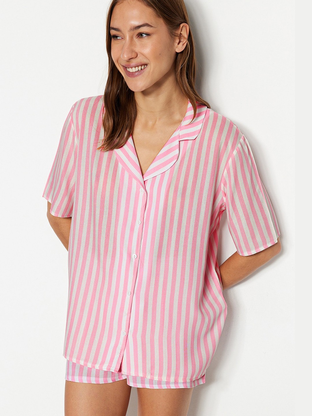 

Trendyol Lapel Collar Striped Night Suit, Pink