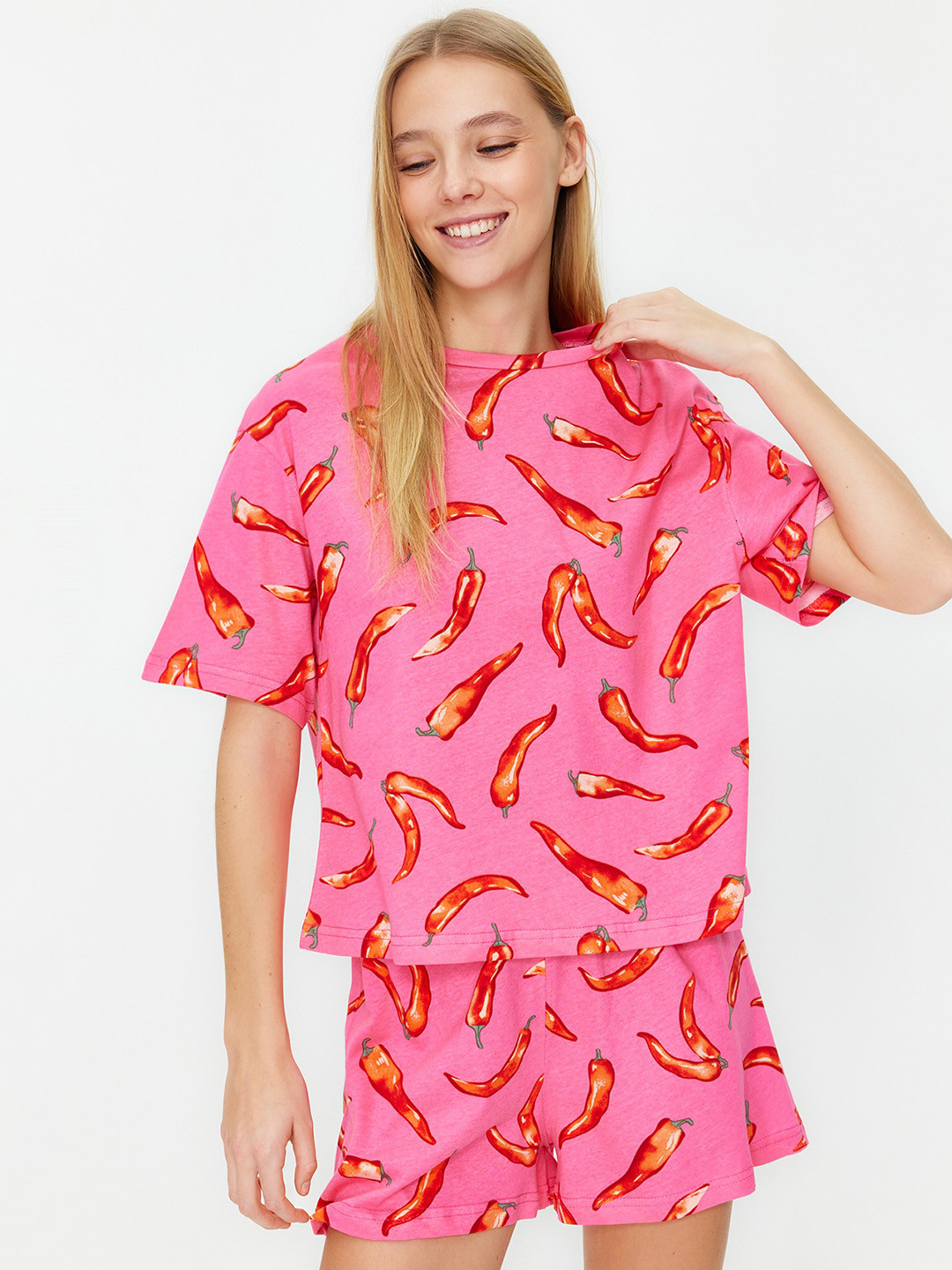 

Trendyol Graphic Printed Pure Cotton Night Suit, Pink