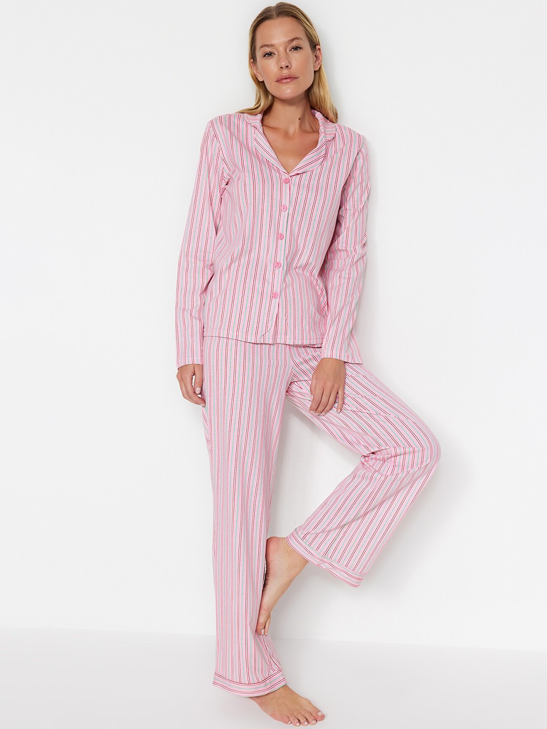 

Trendyol Lapel Collar Striped Pure Cotton Night Suit, Pink