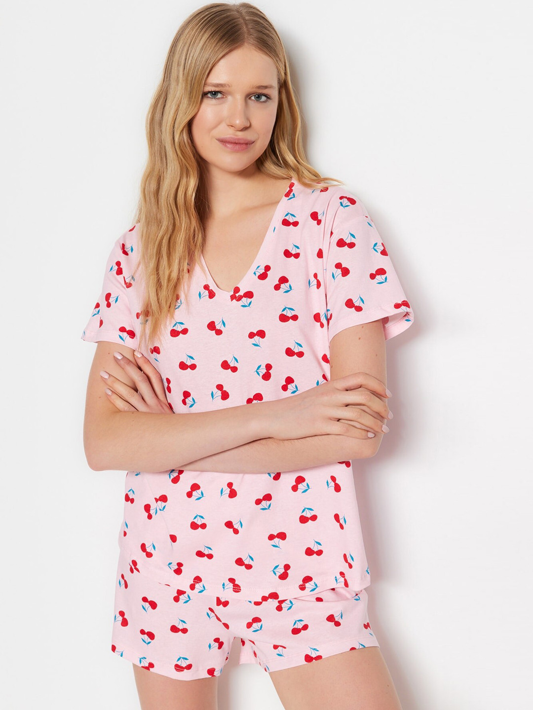 

Trendyol Graphic Printed Pure Cotton Night Suit, Pink
