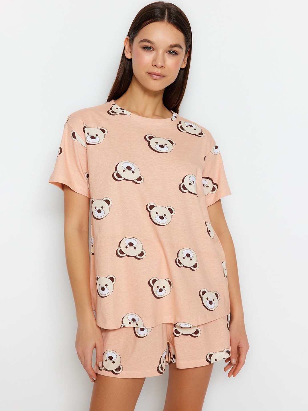 

Trendyol Printed Round Neck Pure Cotton Night suit, Peach