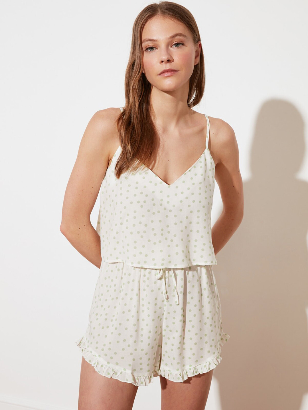 

Trendyol Polka Dots Printed Shoulder Straps Cami & Shorts, Off white