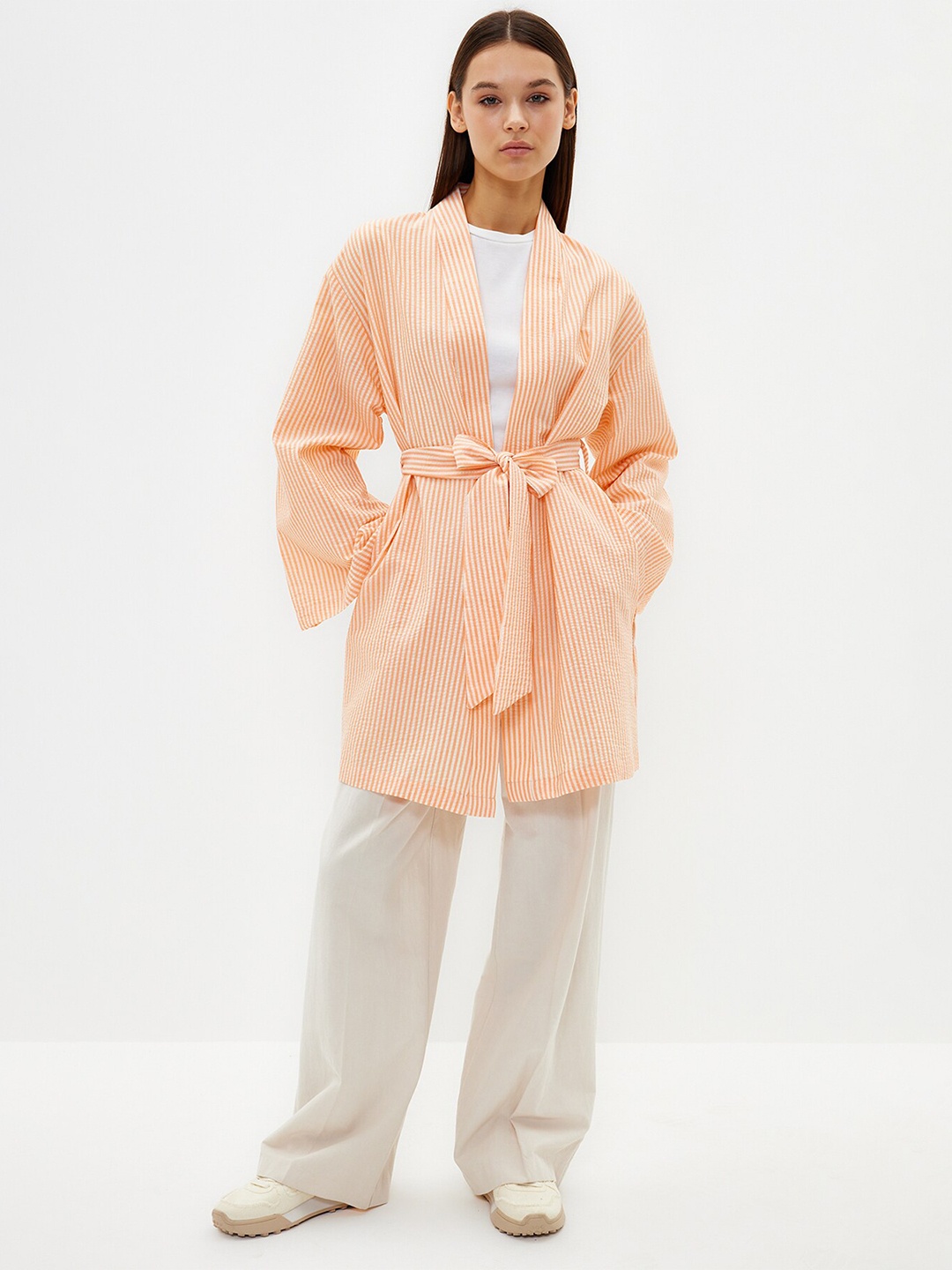 

Trendyol Striped Robe With Belt, Orange