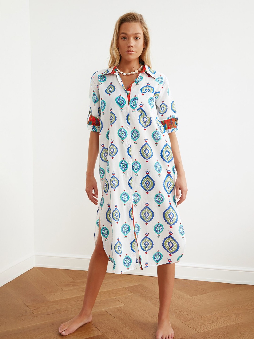 

Trendyol Floral Printed Pure Cotton Swimwear Cover up dress, White