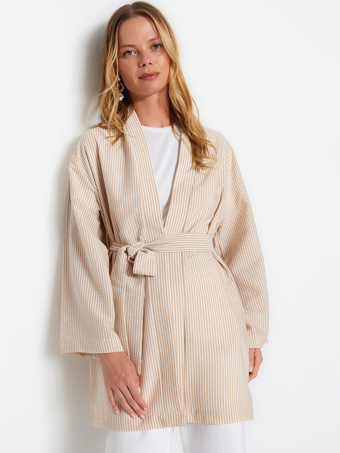 

Trendyol Striped Robe With Belt, Peach