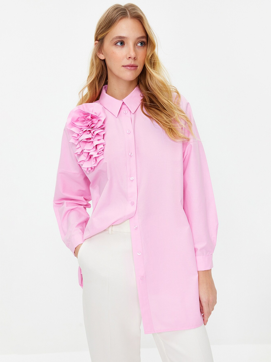 

Trendyol Ruffles Detail Longline Casual Shirt, Pink