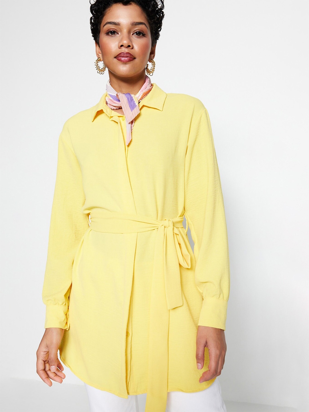 

Trendyol Concealed Button Placket Belted Casual Longline Shirt, Yellow