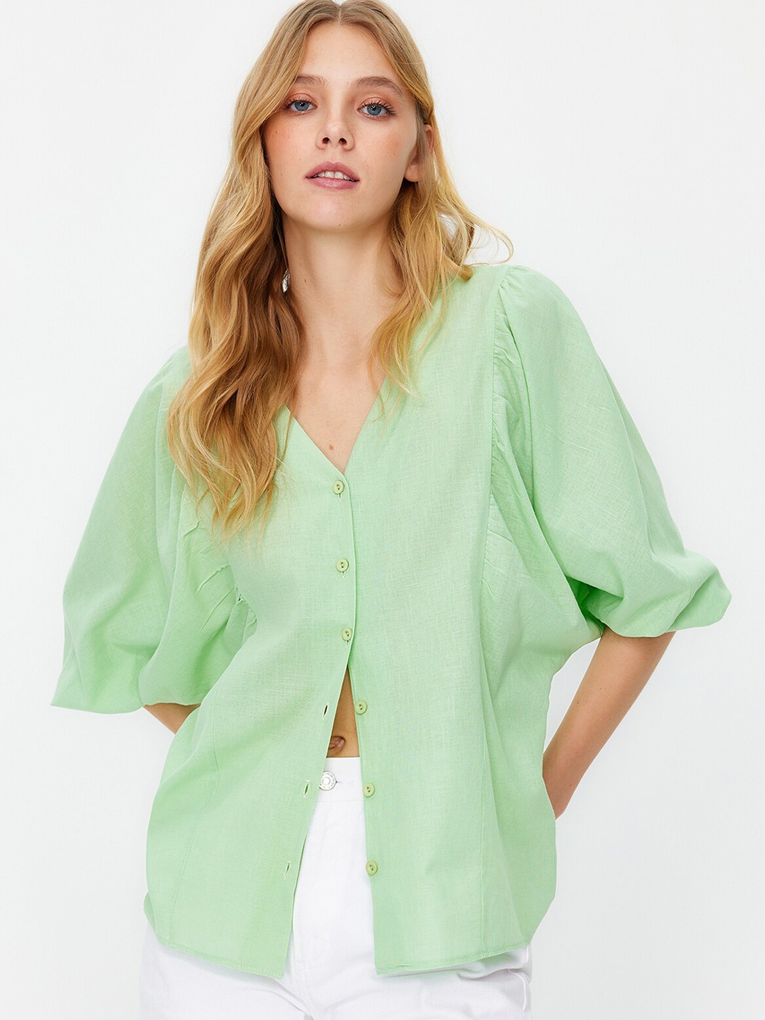 

Trendyol Collarless Pure Cotton Casual Shirt, Green