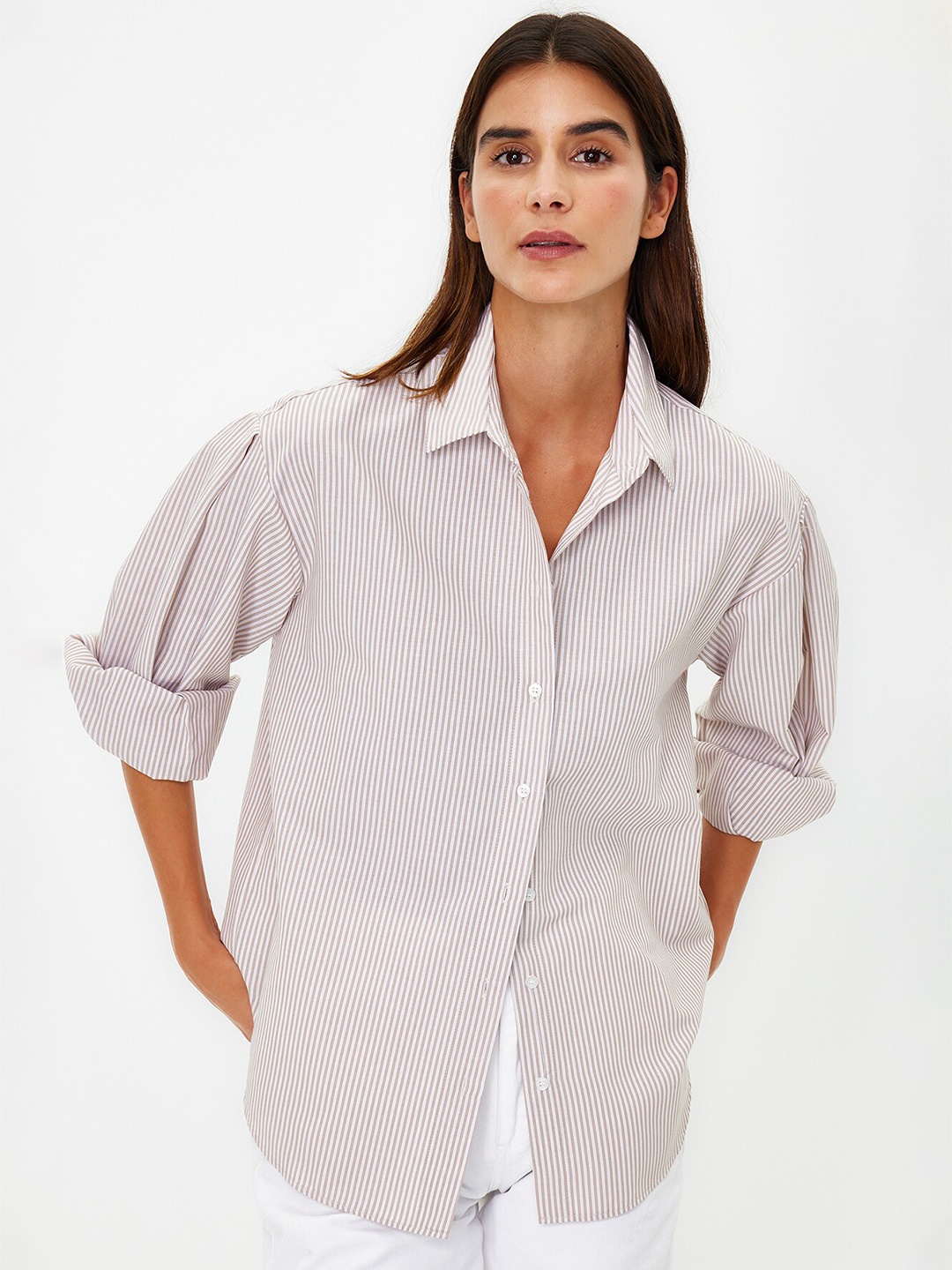 

Trendyol Vertical Striped Spread Collar Casual Shirt, Beige