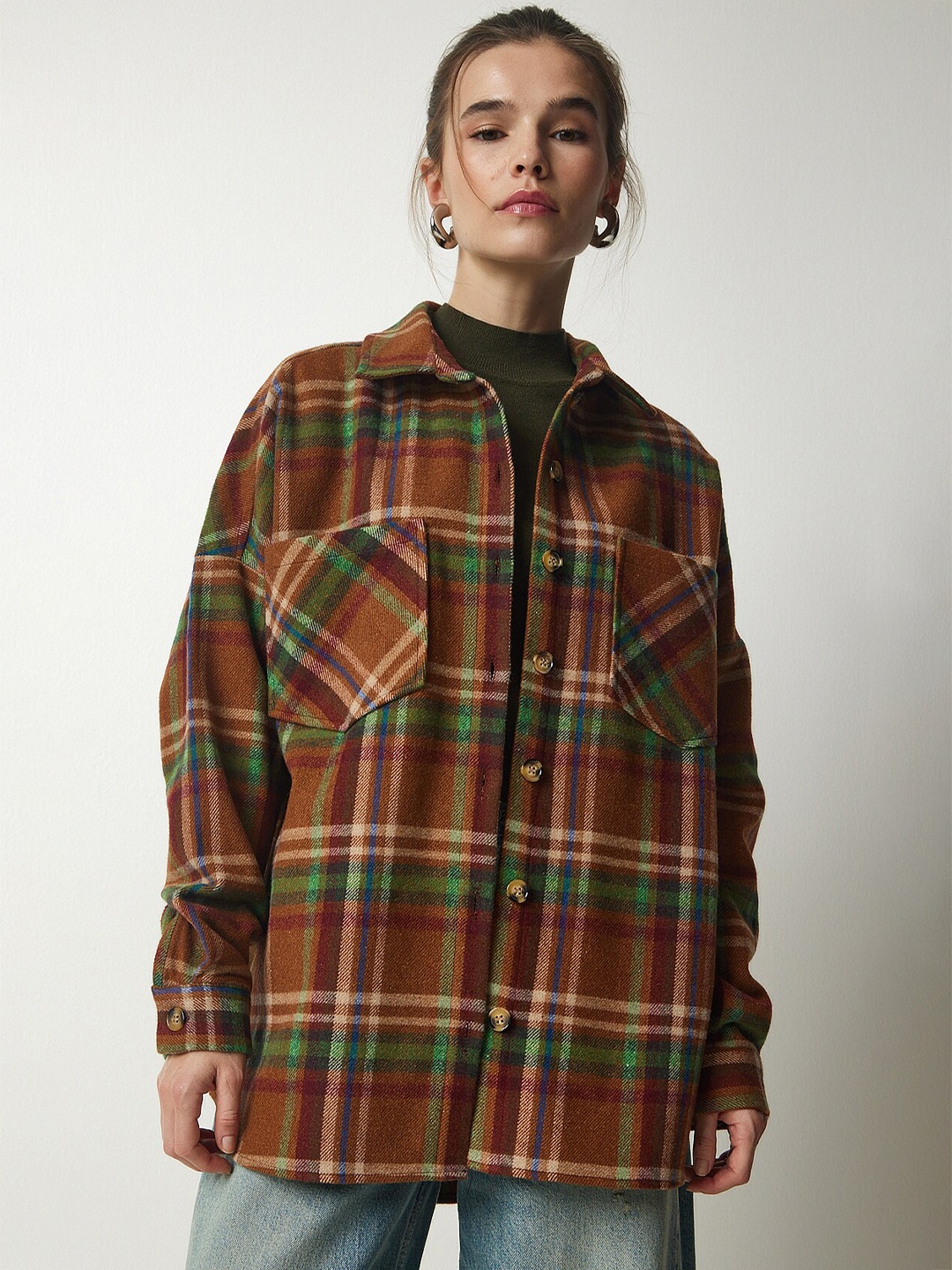 

Trendyol Tartan Checked Pure Cotton Casual Shacket, Brown