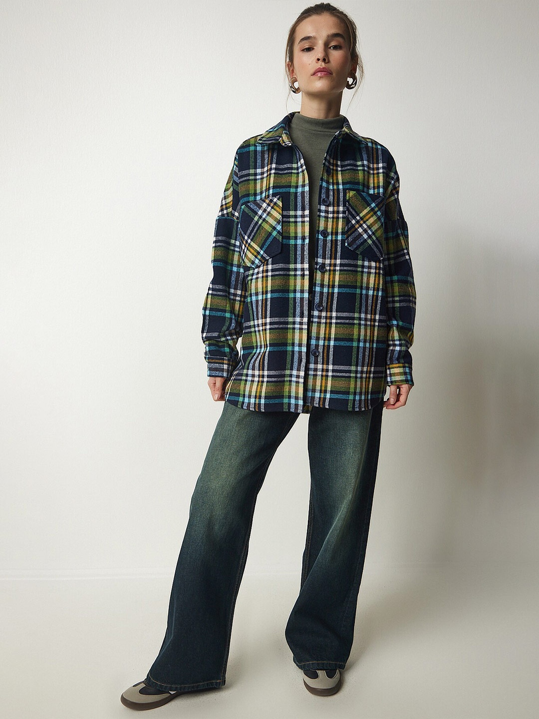 

Trendyol Tartan Checked Pure Cotton Casual Shacket, Navy blue