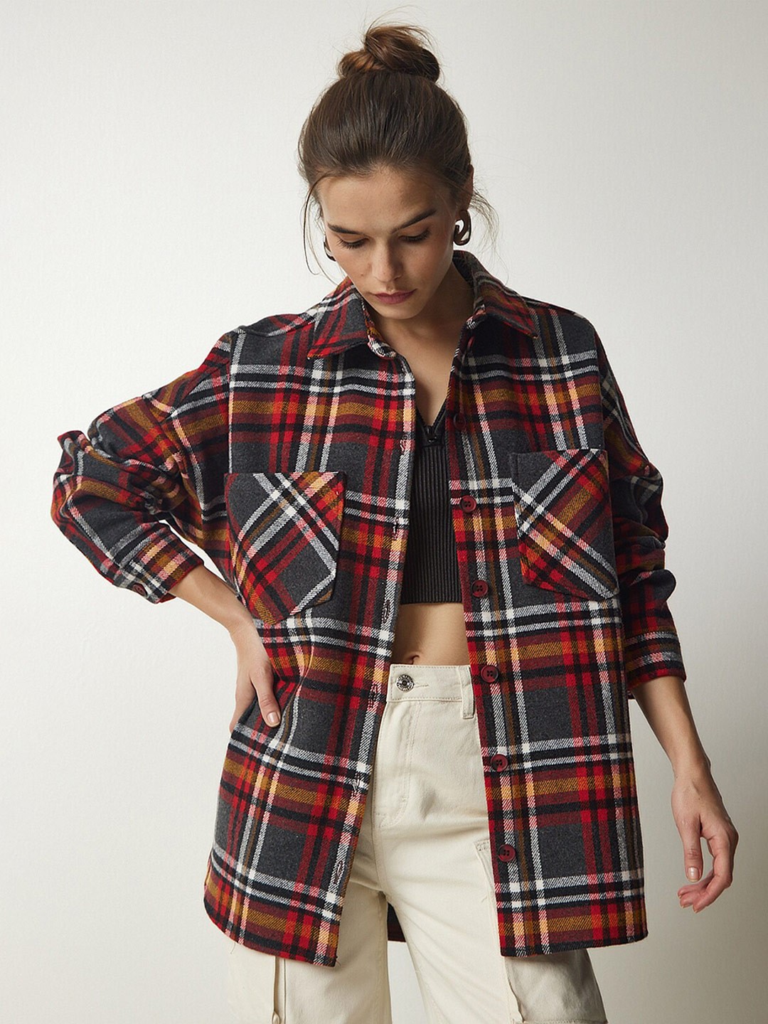 

Trendyol Tartan Checked Pure Cotton Casual Shacket, Grey