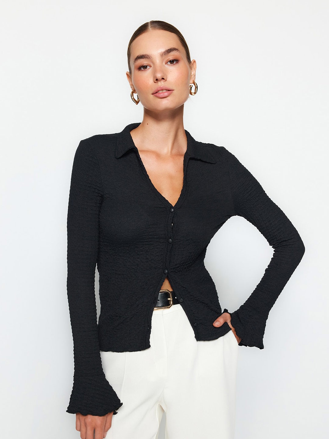 

Trendyol Shirt Collar Long Sleeves Shirt Style Top, Black
