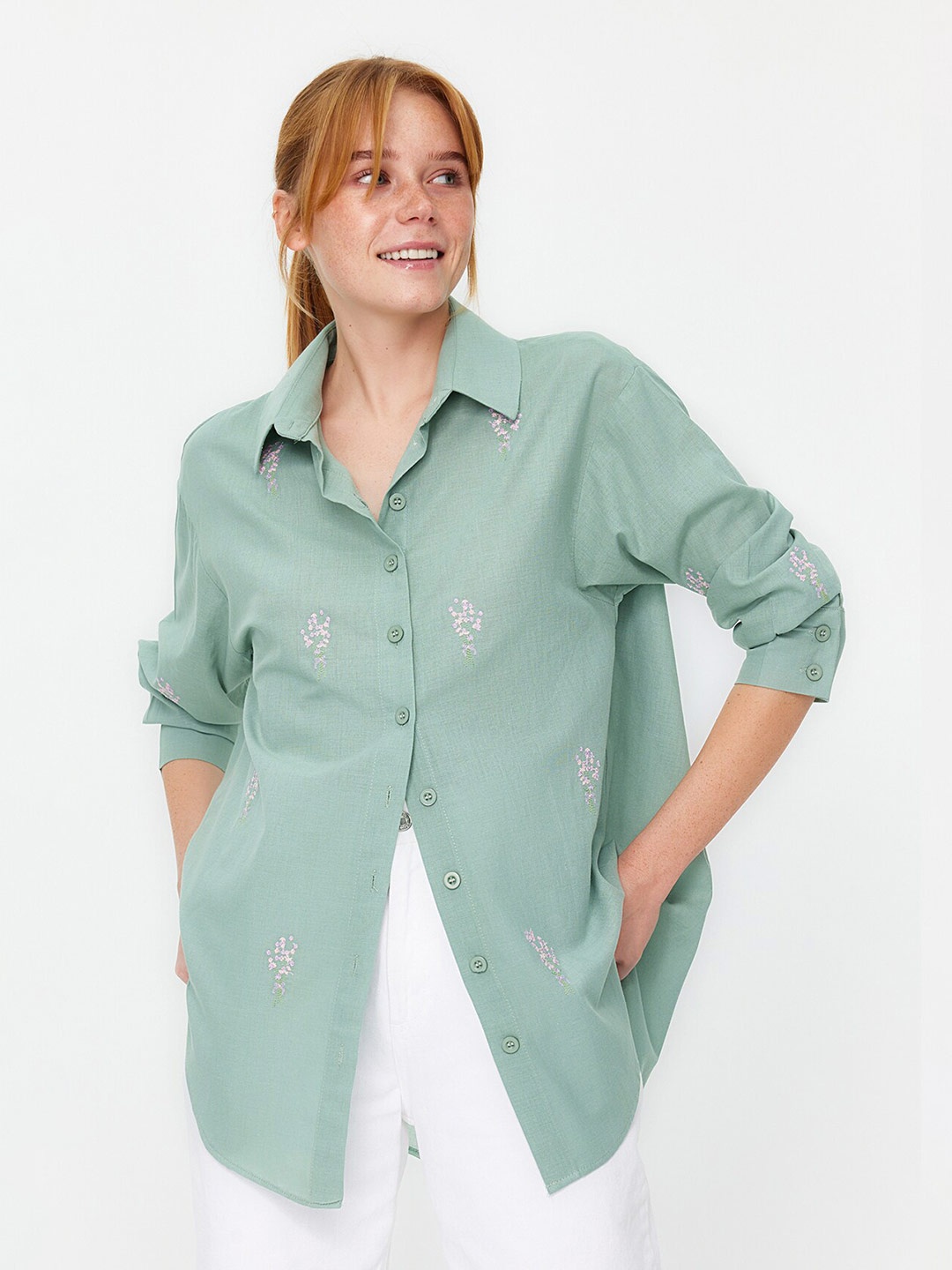 

Trendyol Spread Collar Embroidered Casual Shirt, Sea green