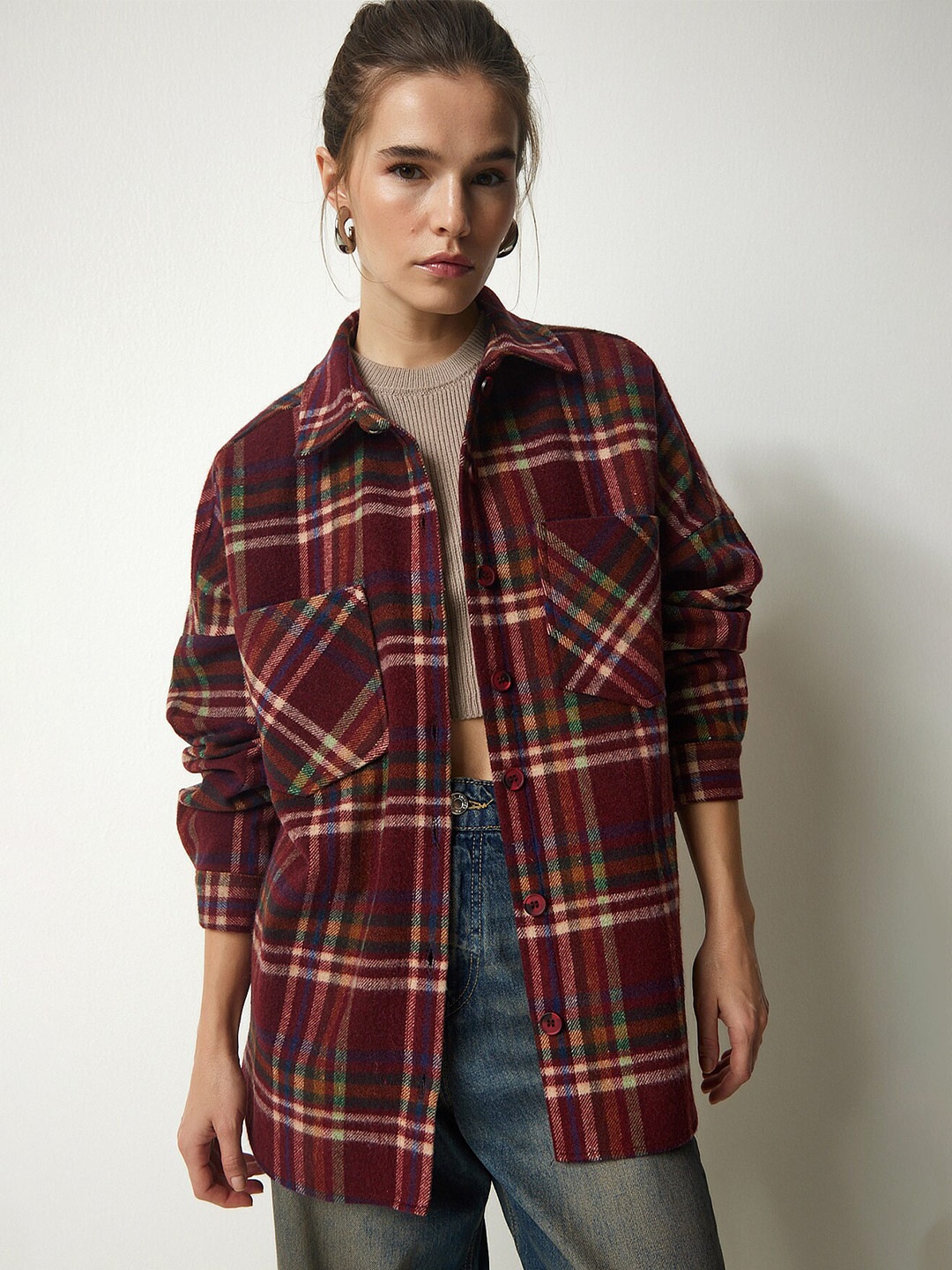 

Trendyol Tartan Checks Pure Cotton Casual Shacket, Red