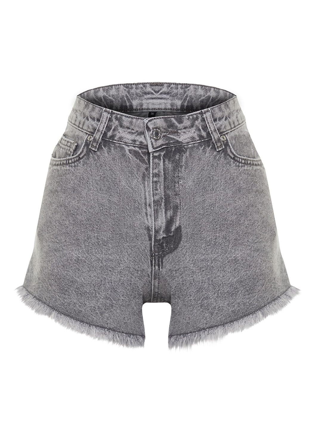 

Trendyol Women Mid-Rise Pure Cotton Denim Shorts, Grey