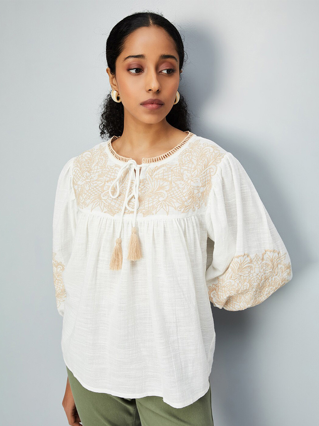 

max Floral Embroidered Tie Up Neck Puff Sleeve Pure Cotton Top, White