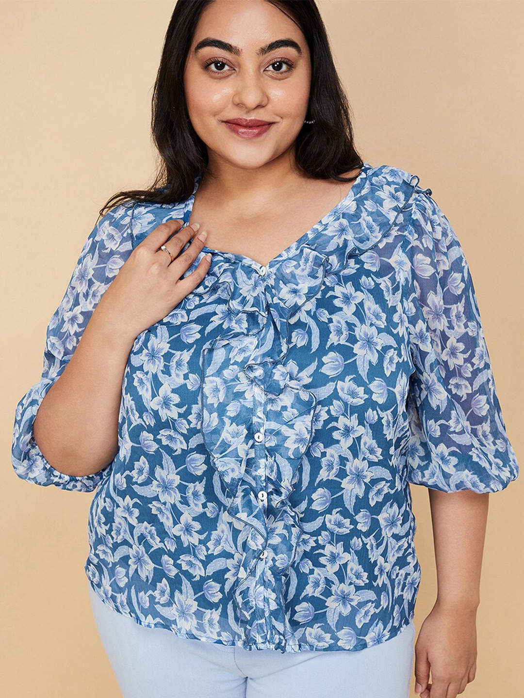 

max Plus Size Floral Printed Puff Sleeve Top, Blue