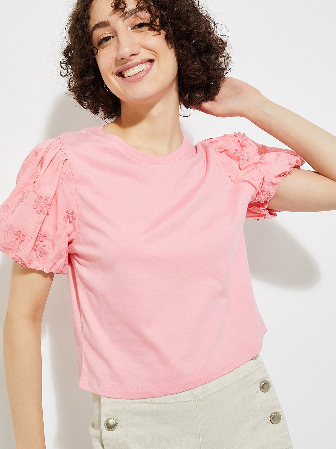 

max URB_N Puff Sleeves Pure Cotton Top, Pink