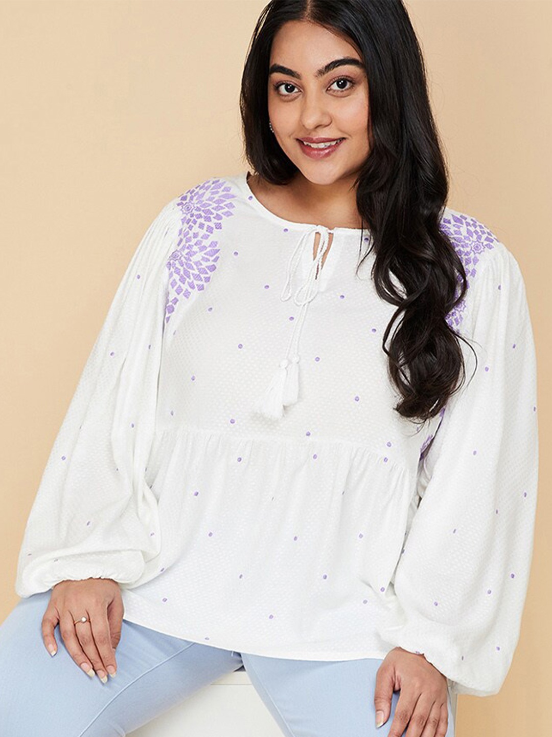 

max Plus Size Geometric Embroidered Tie-Up Neck Puff Sleeve Top, White