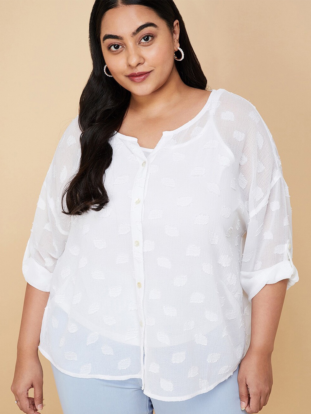 

max Plus Size Self Design Round Neck Roll Up Sleeves Top, White