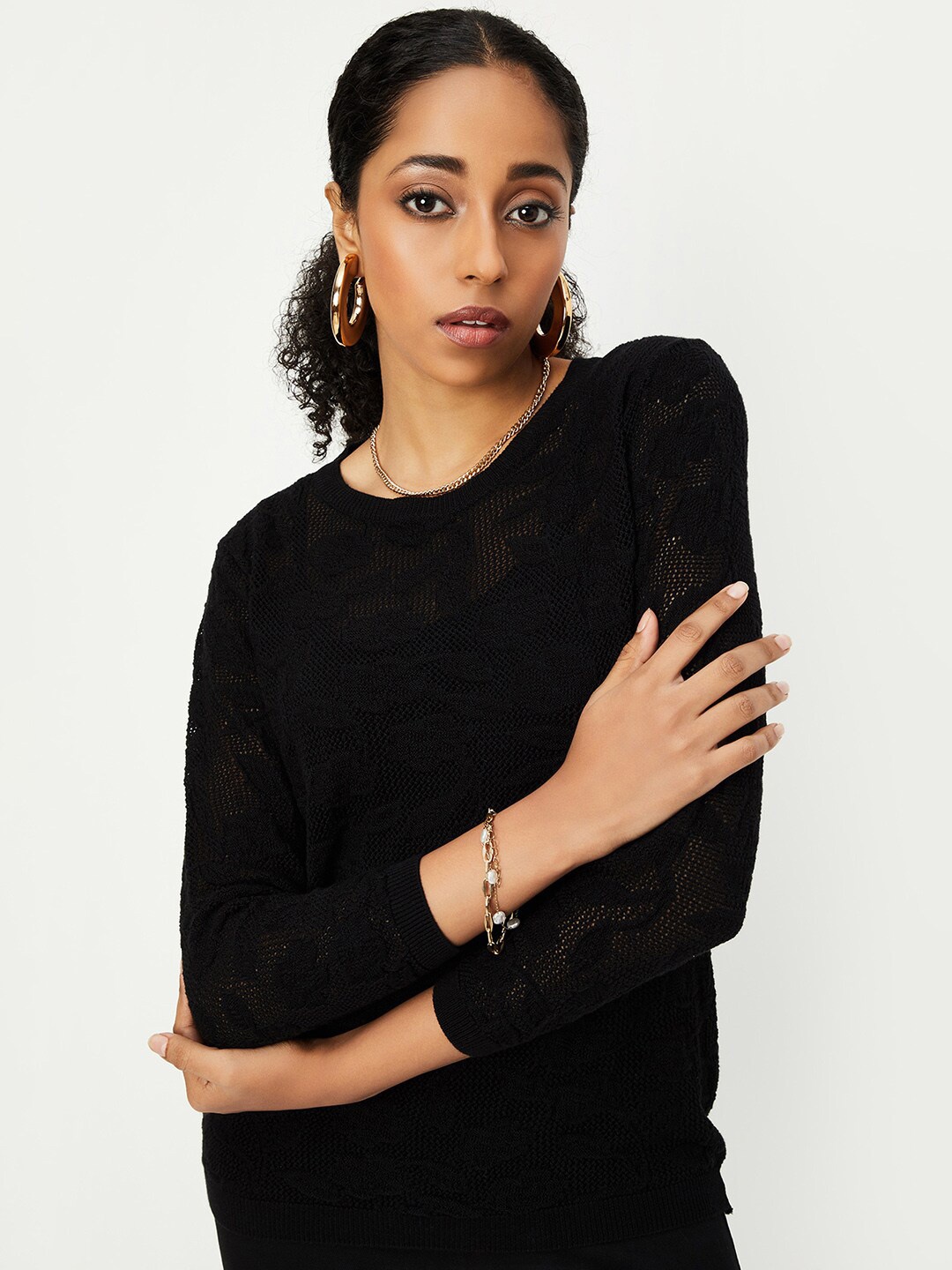 

max Self Design Pure Cotton Top, Black