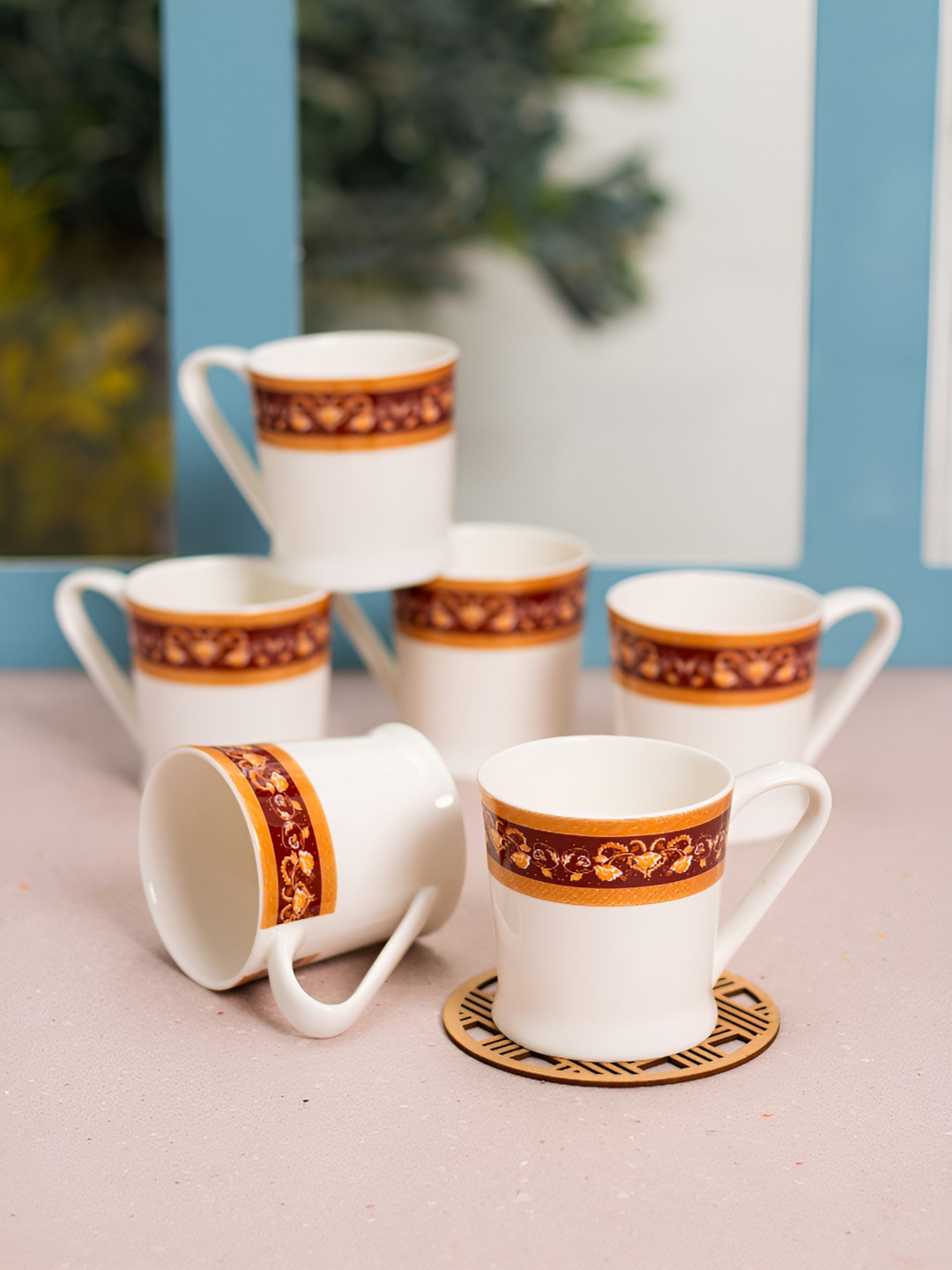 

JCPL White & Orange 6 Pieces Floral Printed Ceramic Glossy Cups 200 ml Each