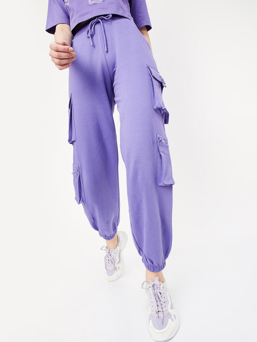 

max Women Pure Cotton Cargo Joggers, Purple
