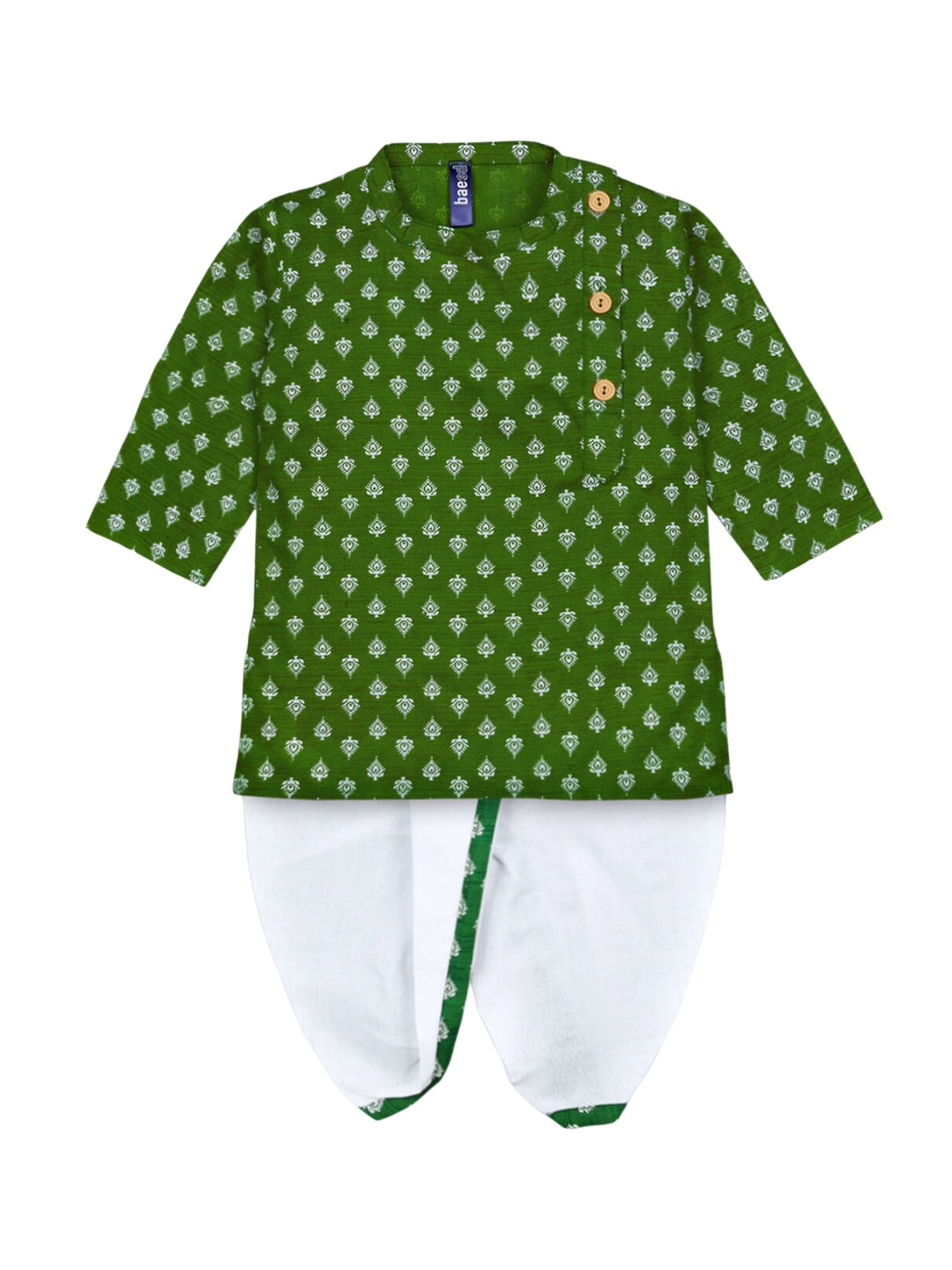 

BAESD Boys Ethnic Motifs Printed Pure Cotton Kurta with Dhoti Pants, Green