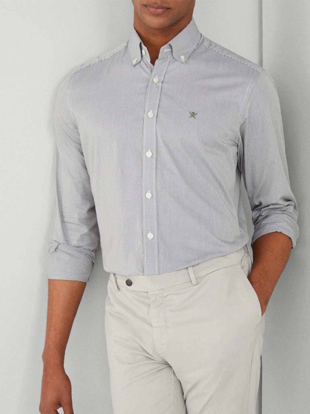 

HACKETT LONDON Micro Checked Button Down Collar Cotton Casual Shirt, Grey