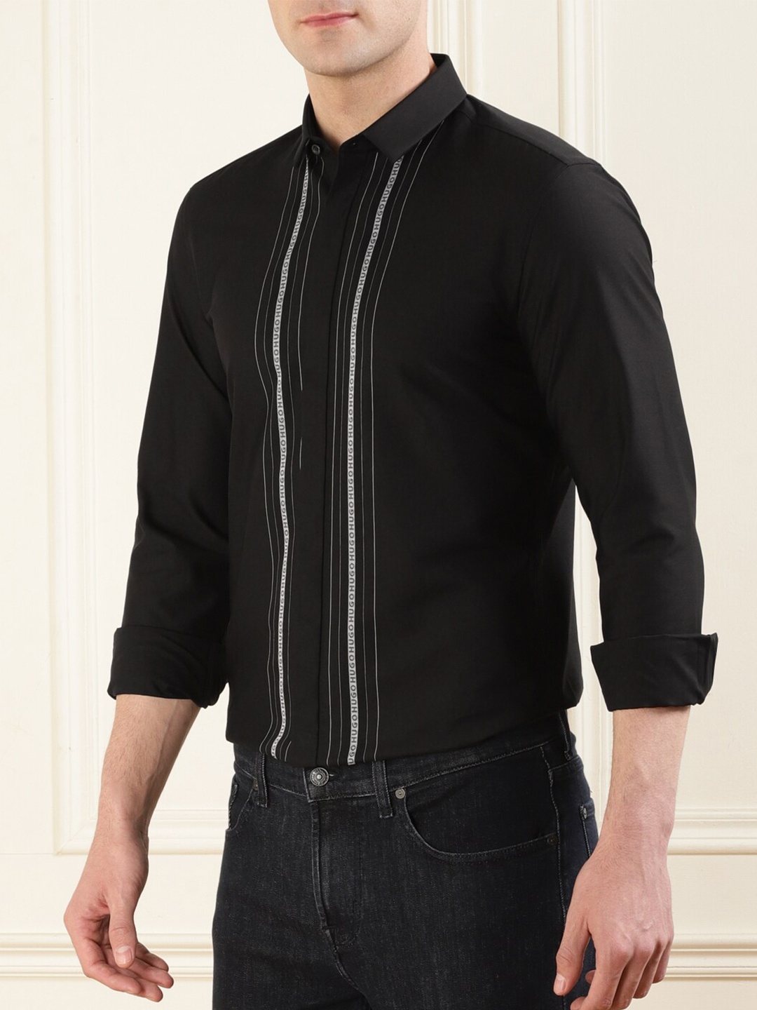 

HUGO Striped Cotton Casual Shirt, Black