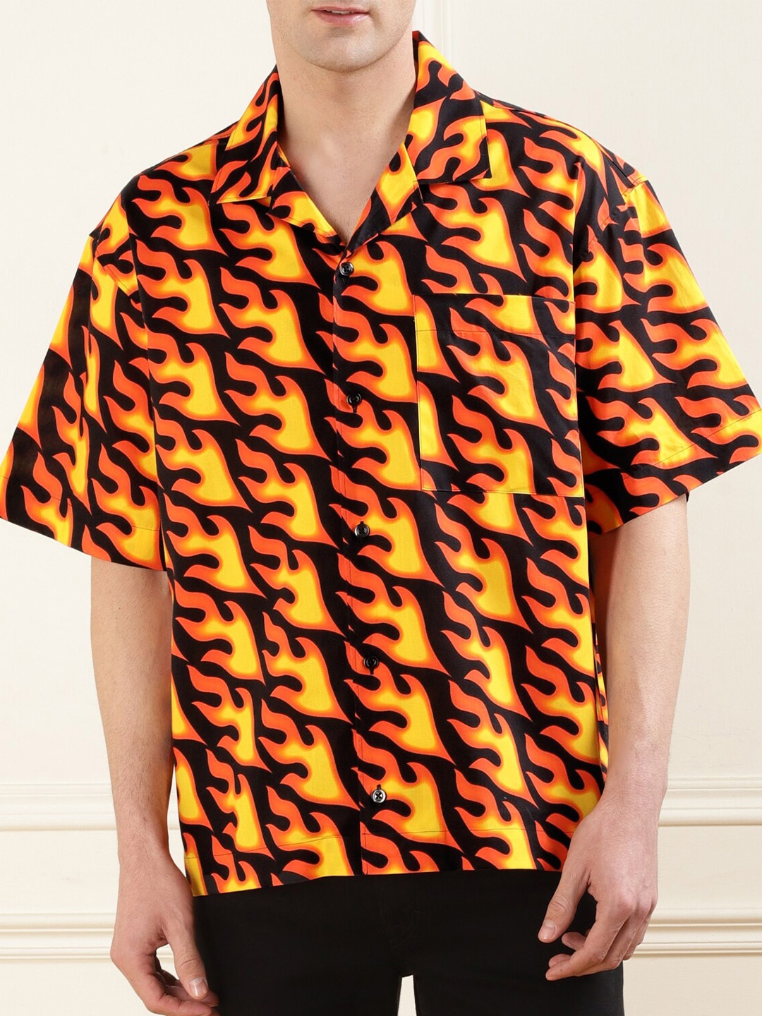 

HUGO Abstract Printed Cuban Collar Cotton Casual Shirt, Yellow