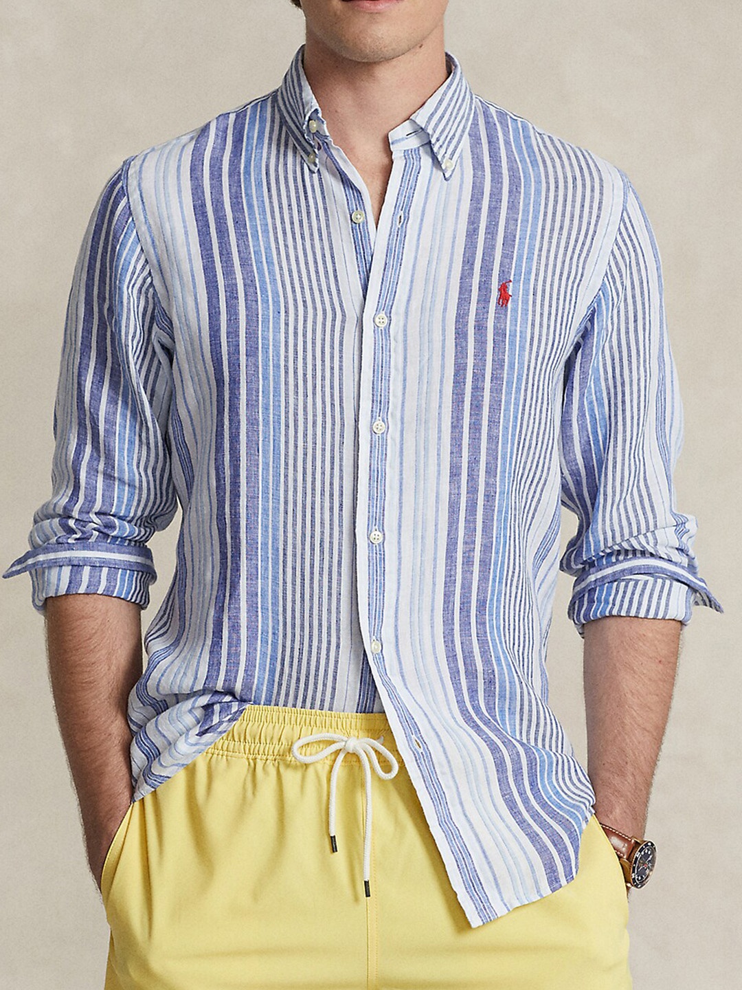 

Polo Ralph Lauren Custom Fit Striped Button-Down Collar Linen Casual Shirt, Blue