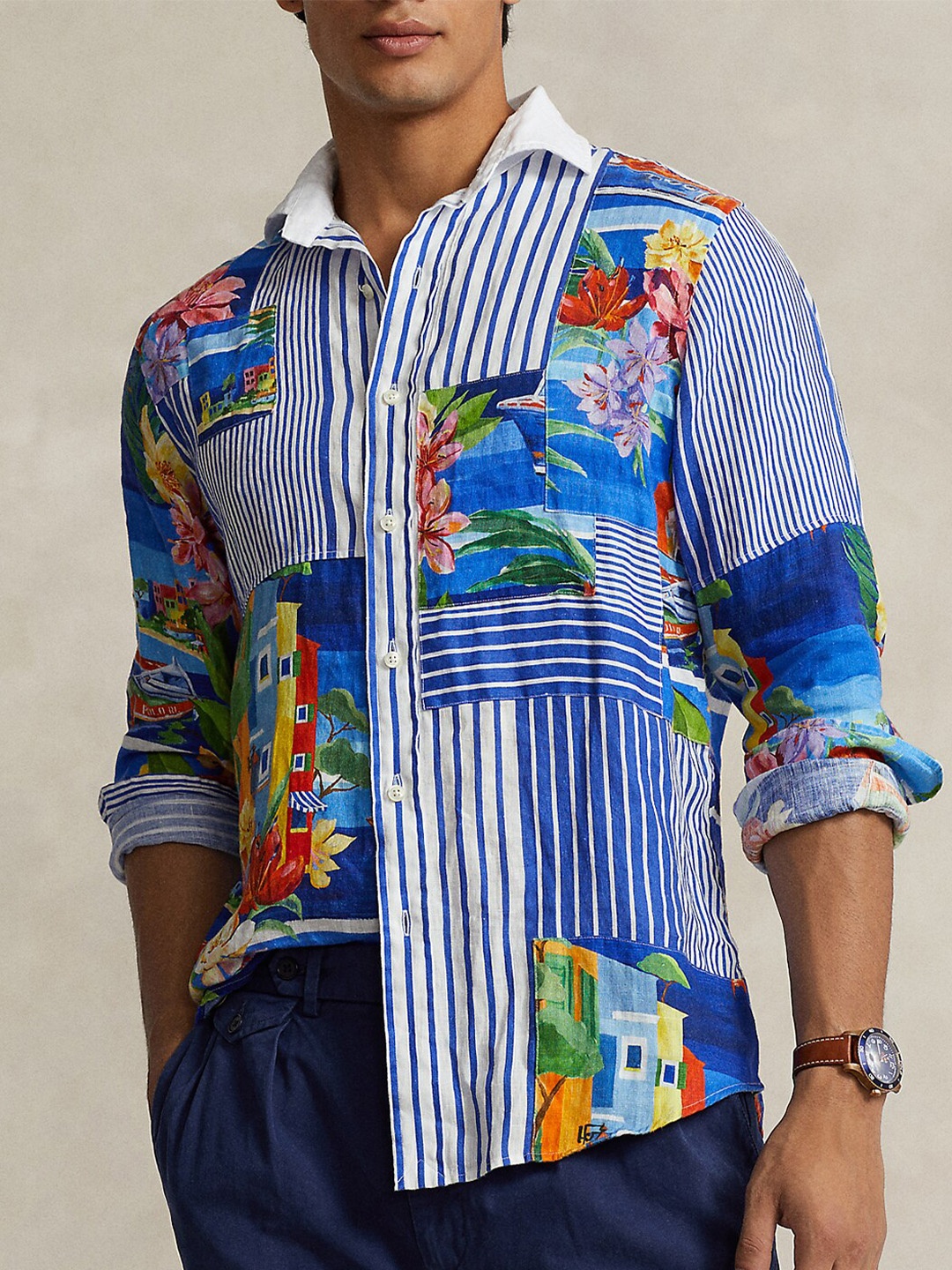 

Polo Ralph Lauren Classic Printed Patchwork Linen Casual Shirt, Blue