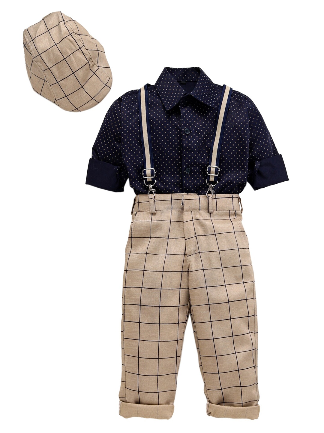 

BAESD Boys Shirt with Trousers With Suspenders & Cap, Beige