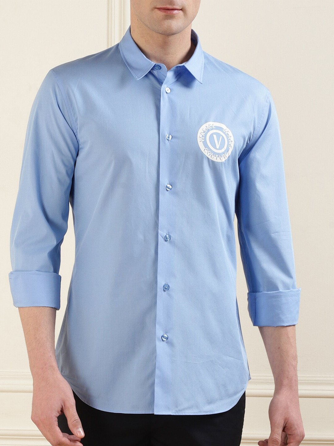 

Versace Jeans Couture Embroidered Detail Cotton Casual Shirt, Blue